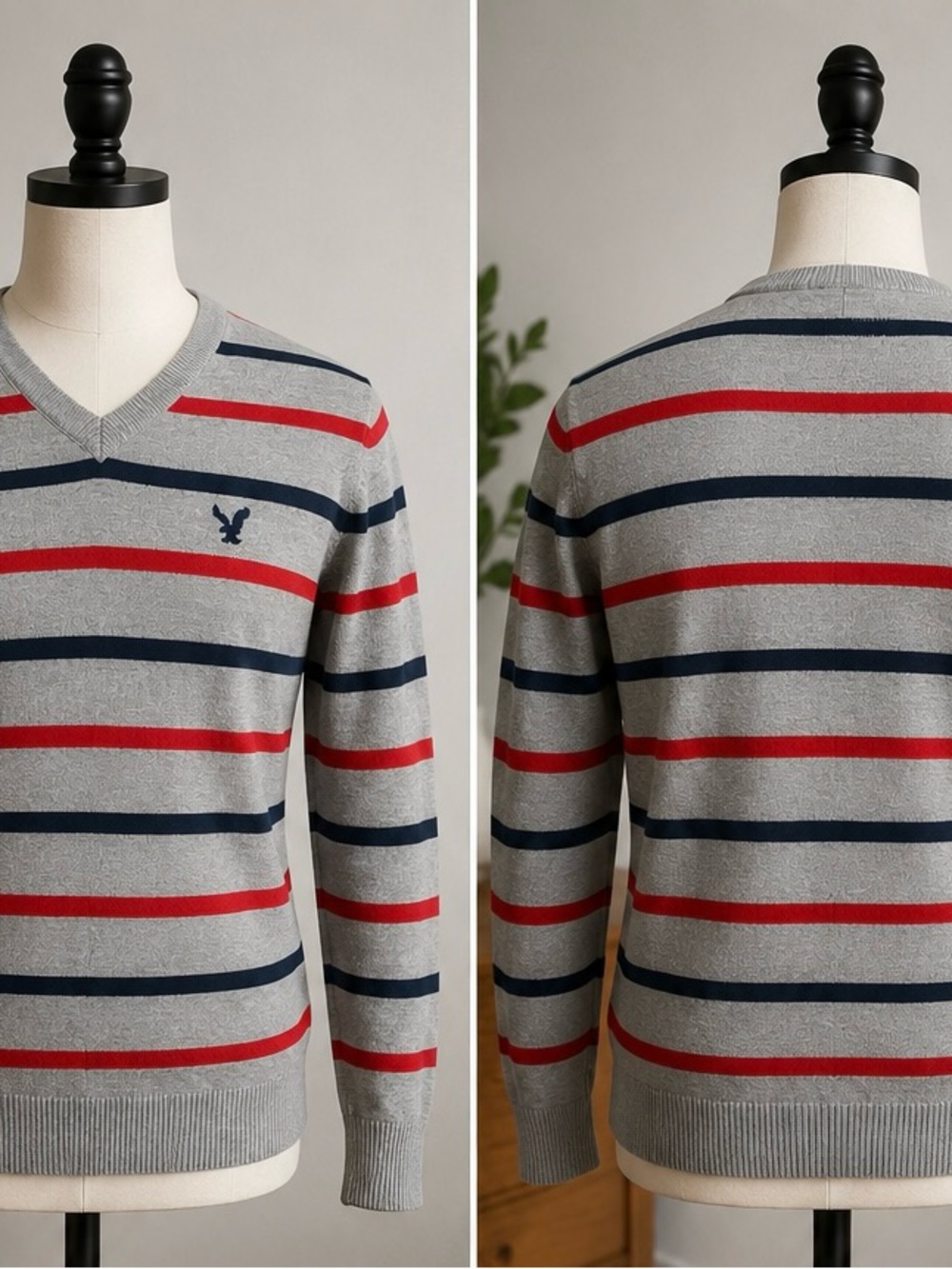 American Eagle Outfitters Gray V-Neck Sweater with Navy & Red Stripes